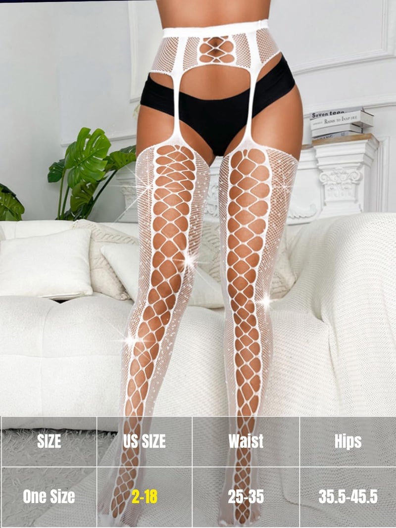 EHSUYAB Womens Sparkly Rhinestone Fishnets, Suspender Pantyhose With Garter Belt, Fishnet Stockings Sexy Costumes Rave Tights - Image 2